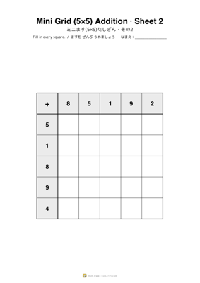 Mini Grid (5×5) Addition · Sheet 2